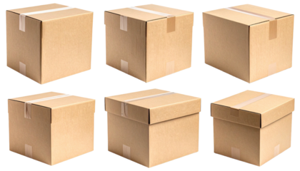 Six brown cardboard boxes arranged in two rows against black