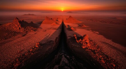 Surreal, fiery landscape with a canyon-like feature, illuminated by a setting sun