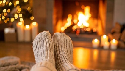 Wool socks near fireplace and candles glowing in cozy Scandinavian living room.