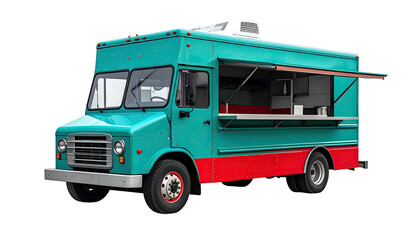 Mobile teal food truck with service window open