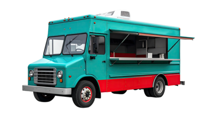 Mobile teal food truck with service window open