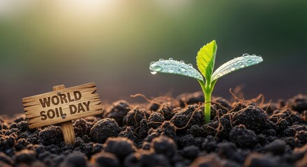A young plant growing from soil with a wooden sign that reads 'World Soil Day'. The plant is green with a yellow leaf, and the sign is brown with white text.