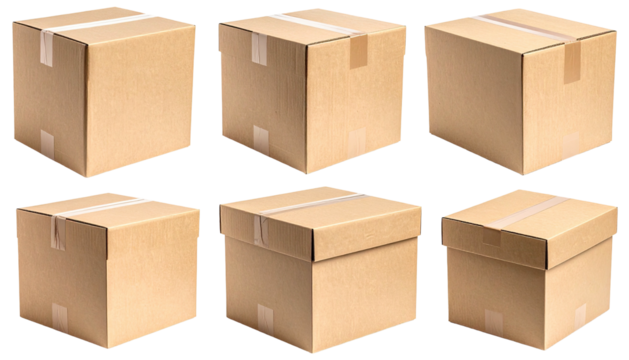 Six brown cardboard boxes arranged in two rows against black