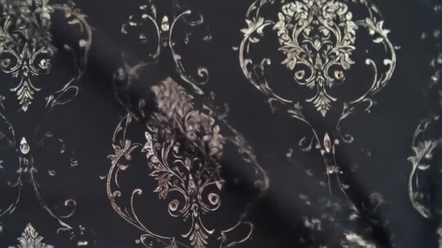 Decorative black fabric with a complex silver pattern of floral and scroll-like elements