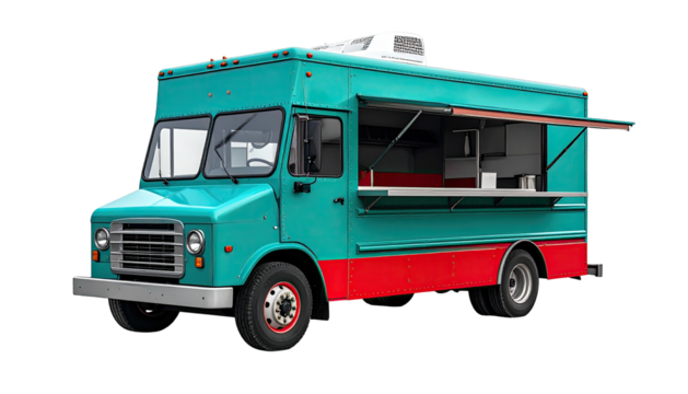 Mobile teal food truck with service window open