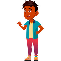 Indian Schoolboy Kid Posing Character Illustration in Teal Shirt Yellow T Shirt and Red Pants Waving Hand in Front of Transparent Background