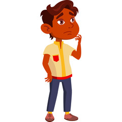 Indian Schoolboy Posing Thoughtful Expression Wearing Yellow Shirt and Blue Pants Transparent Background