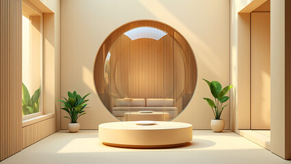 Modern egg shaped seating pod with sofa inside in a bright minimalist room