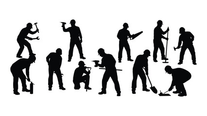 Industrial and construction worker silhouettes with tools isolated on white background, Vector