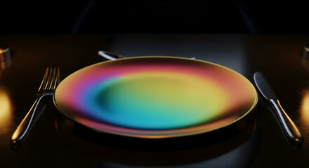 Elegant Table Setting with Rainbow Plate: a table setting showcases an iridescent plate surrounded by elegant silverware, embodying sophistication and artistic expression.