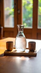 Carafe of water with two wooden cups on tray in soft daylight by window.