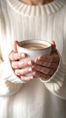 Person in knitted sweater holding warm cup with both hands for comfort.
