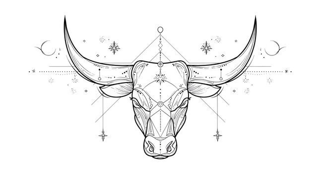 Bull drawing with astrological motifs, created AI, PNG