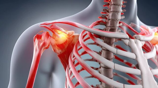 Medical illustration of human shoulder anatomy with highlighted areas
