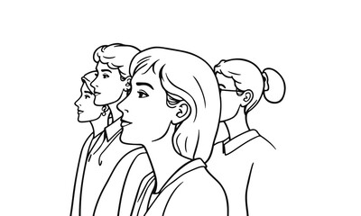 Vector illustration of a group of people, black and white lineart drawing of female faces, minimalist design, people face, female portrait, female profile, woman head, outline art