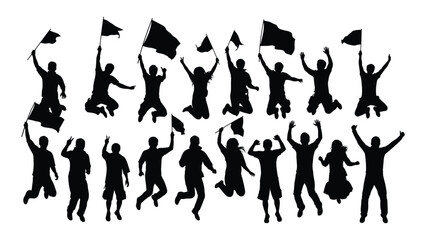 Energetic jumping crowd silhouettes with flags isolated on white background, Vector