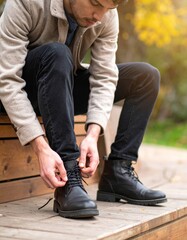 Man tying black leather boots outdoors in soft autumn light.