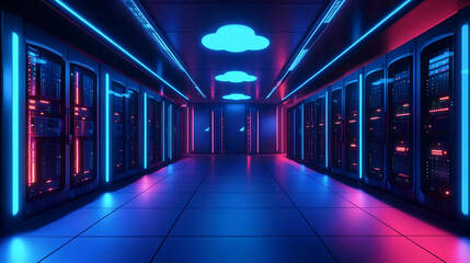 "Futuristic data center corridor with neon cloud lights," "Modern server room with glowing blue and pink lighting," "Cloud computing data center with advanced infrastructure"