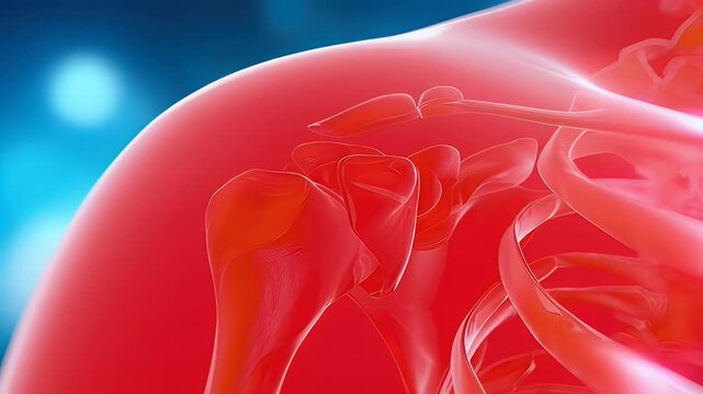 Medical illustration of human shoulder anatomy with highlighted pain area