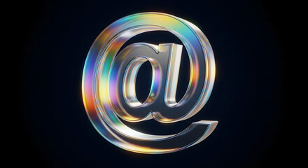 Digital Connection: A mesmerizing close-up of a holographic @ symbol, a shimmering emblem of the digital age, radiating connectivity against a sleek, dark background.