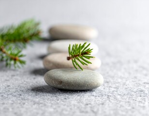 Stacked stones with pine branch on light background symbolizing harmony.