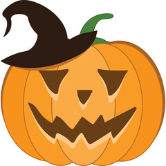 Orange Jack O Lantern Pumpkin With A Witch Hat On Its Head And A Carved Spooky Face Isolated On White