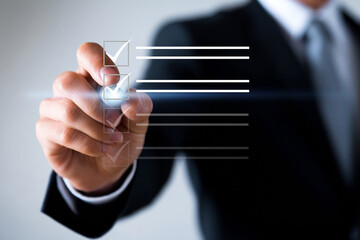 Checklist Completion by Businessman on Transparent Interface, Business Background