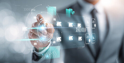 Document Management System Concept with Businessman Interaction Background