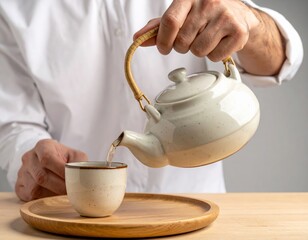 Person pouring tea from ceramic teapot into cup on wooden tray.