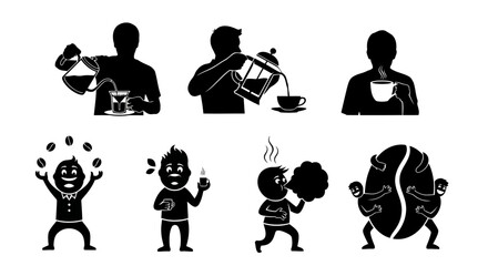 Naklejka premium Set of Coffee Vector Illustration Brewing Drinking Juggling Aroma Bean Caffeine Hot Beverage Enjoyment Preparing Mug Cup Steaming Relaxation