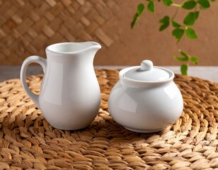 White ceramic jug and teapot on woven mat in natural light.