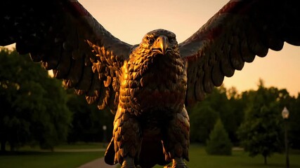 Majestic eagle statue with outstretched wings, a symbol of freedom and national pride, bathed in the warm glow of a setting sun, evoking a sense of strength and resilience