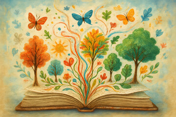 Enchanted Literary Forest: An open storybook blooms into a vibrant fantasy world, with trees, sun, butterflies, and nature elements. it's the beauty of imagination 