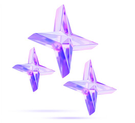 3d glass holographic sparkling stars. Luminous celestial bodies, iridescent crystal geometric shape with glowing gradient effect. Star cluster, bright design for space or modern decor. 3D illustration