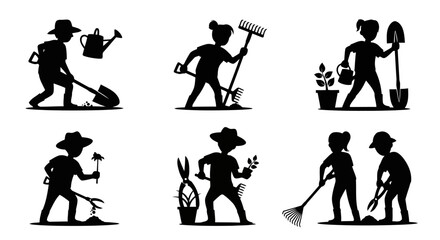 Obraz premium Gardening Tool Set Silhouette Boy Girl Rake Shovel Watering Can Plants Flower Pot Garden Work Equipment Yard Silhouette Vector