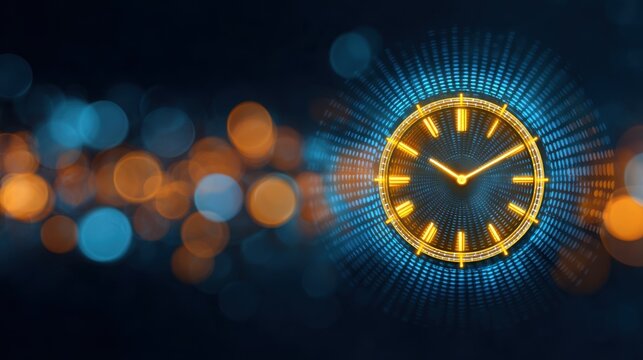 Abstract Glowing Clock Design on Tech Background with Grids and Blurred Lights for Modern Conceptual Use in Time Management and Technology