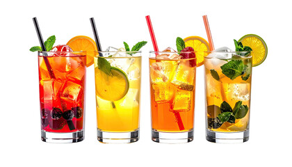 Four colorful, fruity cocktails with ice, fruit, straws