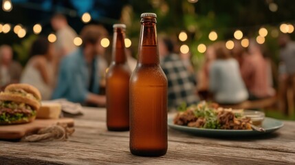 Fototapeta premium Cozy Backyard Night Gathering with Friends Enjoying Beer Bottles and Tasty Food Under String Lights