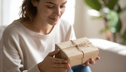 Smiling woman holding small gift wrapped in natural craft paper and twine.