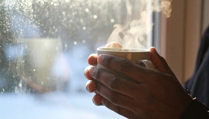 Person holding steaming mug near window on cold winter morning.