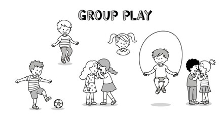 Fototapeta premium Group Play Black and White Vector Illustration: Happy Children Playing Together, Jumping Rope, Kicking Ball, Talking, Whispering Isolated on White Background
