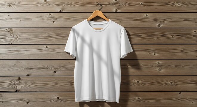 Clean white tshirt hanging on a wooden plank wall, perfect for mockup