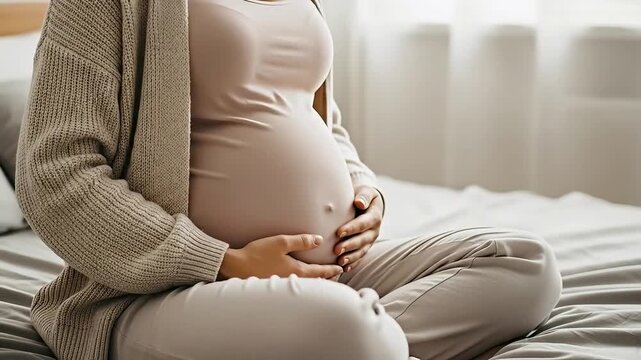 Anticipation and Nurturing: A pregnant woman cradles her baby bump, embodying the beauty of motherhood and the tender anticipation of new life. Capturing the peacefulness and purity of this journey.