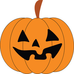 Orange Halloween Jack O Lantern Pumpkin with Carved Scary Face and Brown Stem on Transparent Background