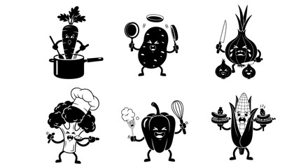 Naklejka premium Cartoon Vegetable Chef Characters Vector: Cute Carrot Potato Onion Broccoli Pepper Corn Mascot Cook Food Elements in Black and White Silhouette Graphics