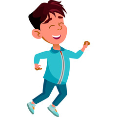 Joyful Young Boy in Blue Tracksuit Expressing Happiness with Closed Eyes and Open Arms Mid-Jump Against a White Background