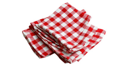 Red and white checked napkin folded neatly showing classic picnic cloth pattern and fabric texture isolated on white background