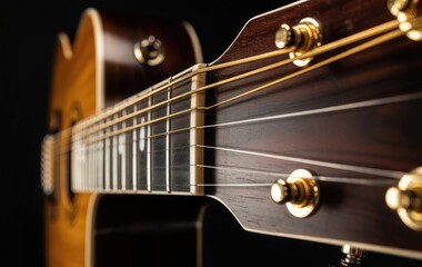 Close Up View of Acoustic Guitar Strings and Frets