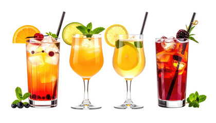 Four colorful mixed drinks with fruit garnish, against a black background