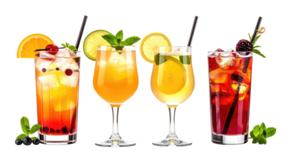 Four colorful mixed drinks with fruit garnish, against a black background